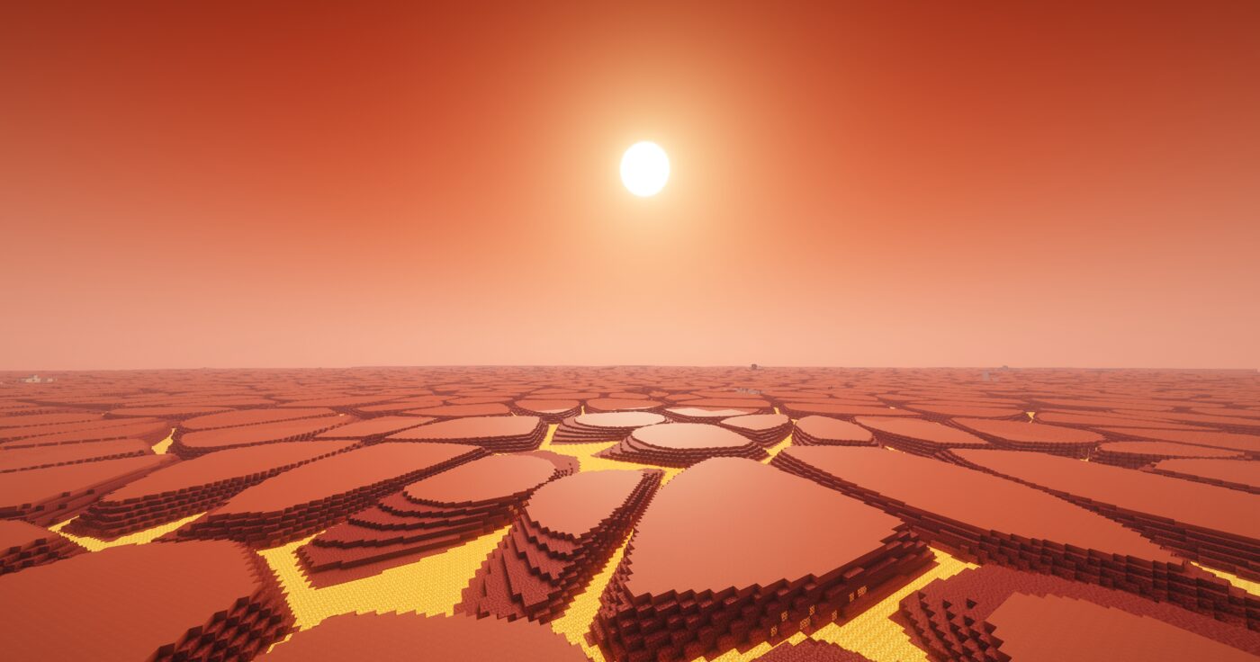 Cracked volcanic terrain of Ekareen under a red sun